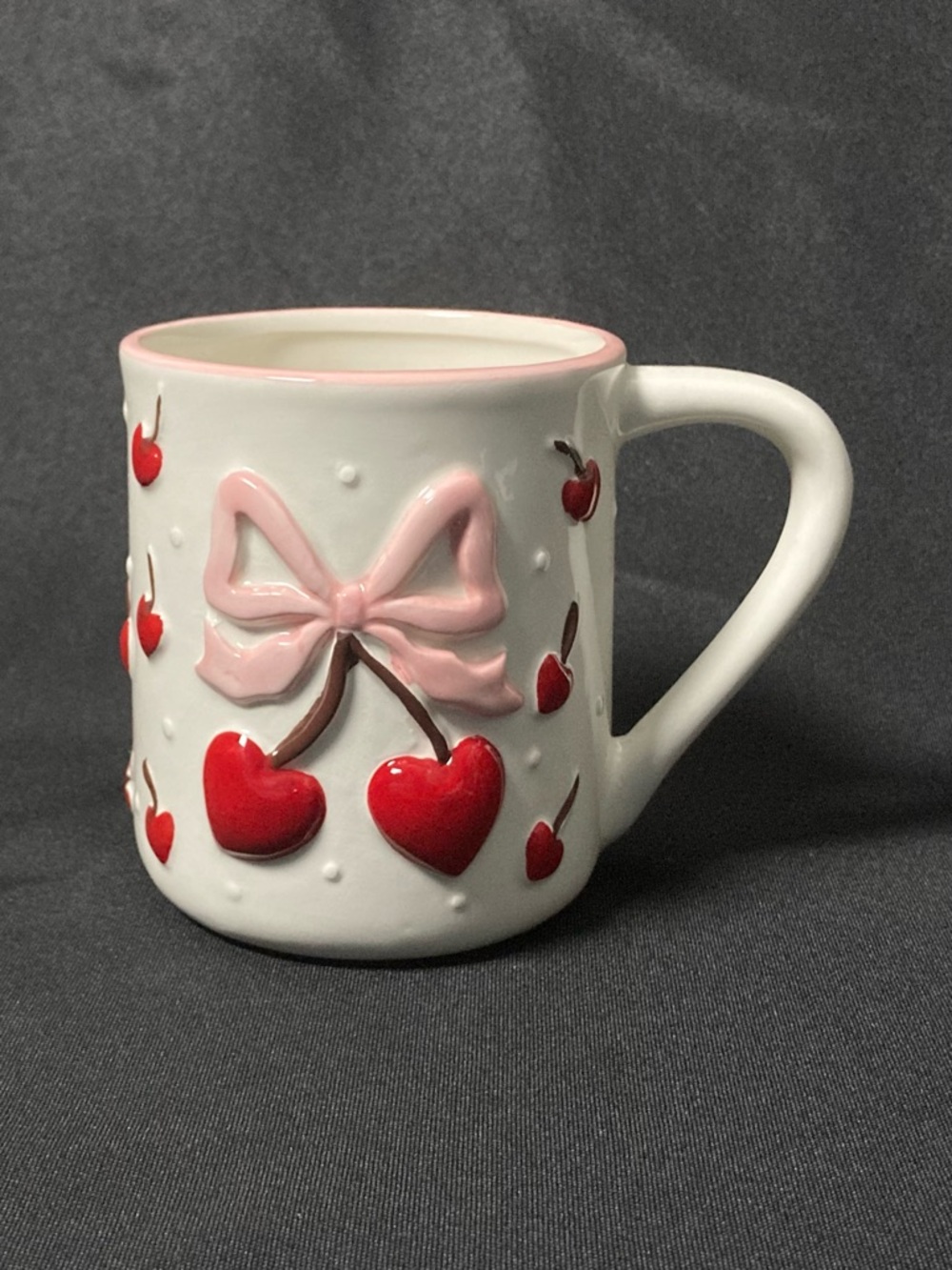 Petal & Pearl Embossed Cherry And Bow Polka Dot 24 oz Ceramic Mug - Picture 3 of 11